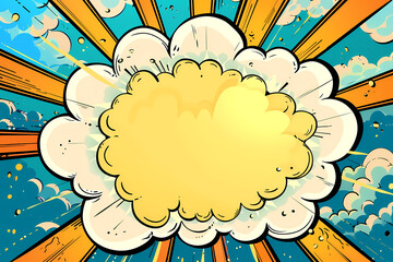 A vibrant comic-style explosion featuring bold yellow and orange colors, set against a bright blue background, perfect for dynamic graphic designs.