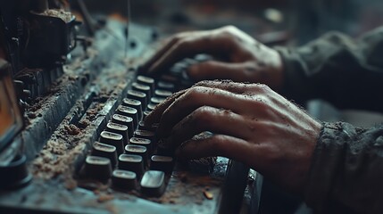 A close-up photograph of hands typing on a dusty keyboard, worn-out keys, soft ambient lighting, emphasis on the contrast between the hands and the decaying keyboard, cinematic depth of field,