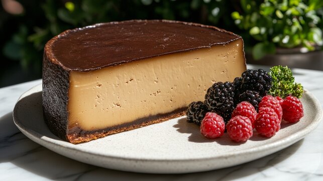 Queso con una corteza oscura servido en un plato junto a frambuesas y moras frescas.

