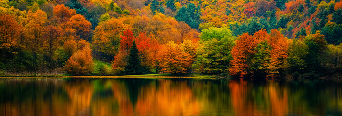 A colorful hillside during autumn, showcasing a vibrant mix of orange, green, and yellow trees.