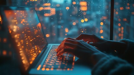 Obraz premium A close-up photograph of hands typing on a laptop, soft overhead lighting, blurred city skyline with twinkling lights outside the window, focus on key details and hands, hd quality,