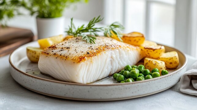 Pescado blanco asado con papas y guisantes verdes, decorado con ramitas de romero.

