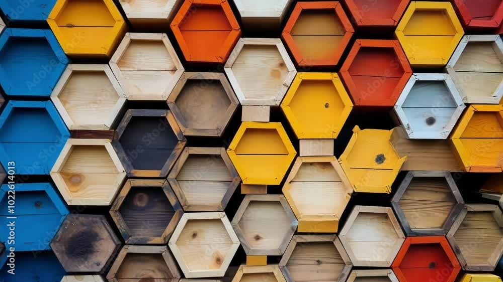 Poster vibrant hexagon shelf with colorful wooden pieces in abstract pattern, adding modern touch to interi