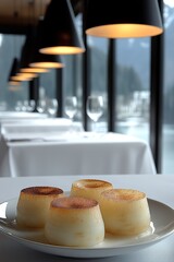 Postre servido en un restaurante elegante con ventanas que ofrecen una vista a las montañas.

