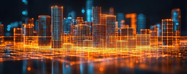 Fototapeta premium AI-enhanced architectural blueprint, with glowing 3D projections of futuristic buildings