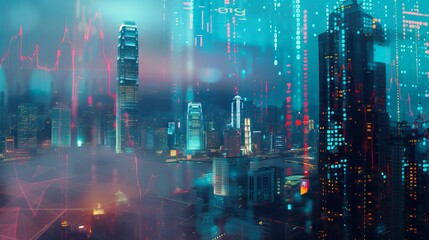 Double exposure of a bustling city skyline overlayed with a dynamic stock market investment graph, symbolizing economic growth, financial investment, and urban business insights.