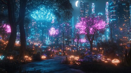 Fototapeta premium AI-enhanced city park, with glowing trees and robotic wildlife
