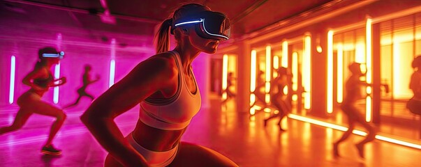 AI-enhanced fitness class, with virtual instructors and glowing equipment