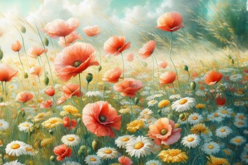 Obraz premium Malerische Darstellung einer Blumenwiese mit Mohnblumen, Gänseblümchen und zarten Gräsern in weichen Pastelltönen. Postkarte. Generative KI