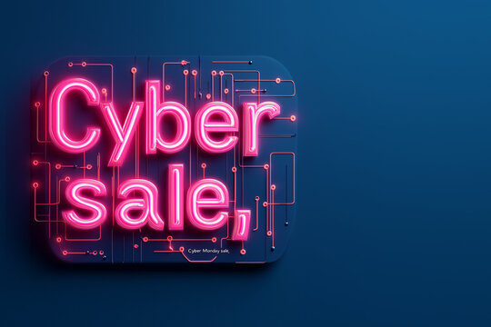 Cyber Monday sale," neon text with abstract circuitry, 3D illustration, banner/web/design/wallpaper/billboard
