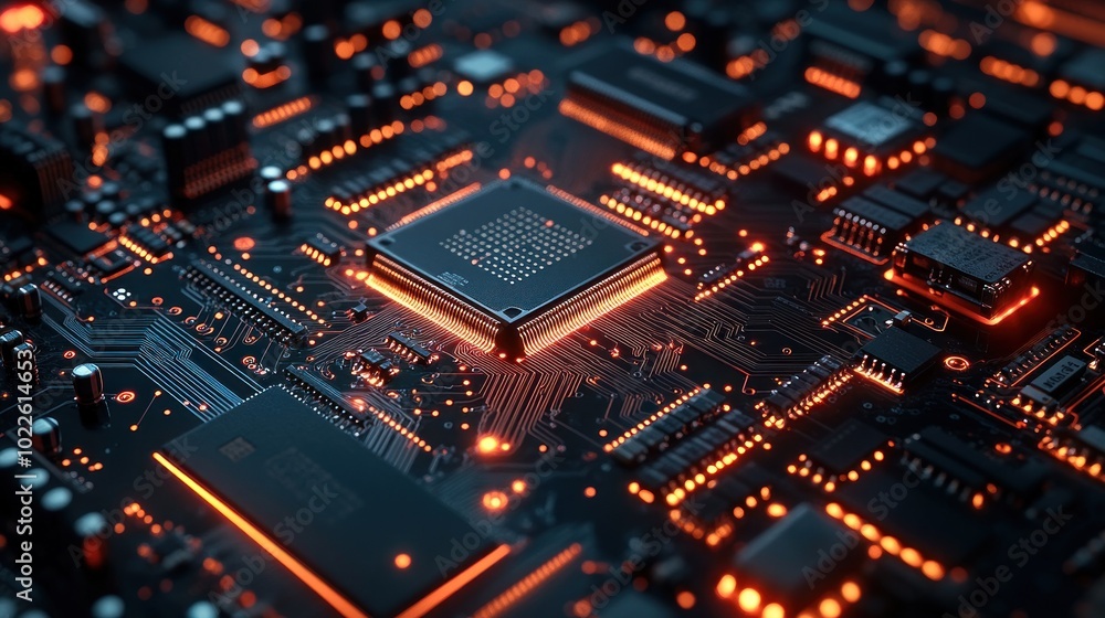 Poster close-up of a circuit board with glowing components and connections.