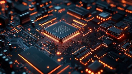 Obraz premium Close-up of a circuit board with glowing components and connections.