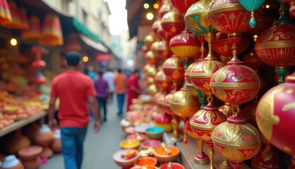 Bustling Indian Festival Market with Colorful Dussehra Items for Sale Offering a Festive Atmosphere