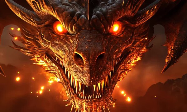 Close-up of a fiery dragon's face with glowing eyes