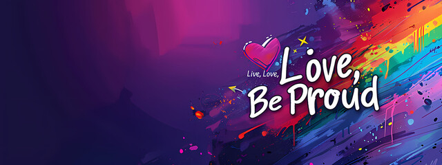 Vibrant, colorful graphic celebrating love and pride with an artistic abstract background, showcasing the message 'Live, Love, Be Proud'.