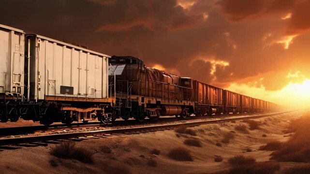 Old, rusty train crosses the desert at sunset, evoking nostalgia with dramatic sky and vintage feel