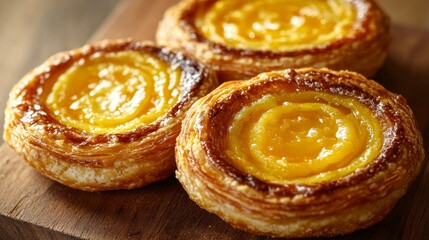 Obraz premium Tres pasteles portugueses de crema con corteza dorada, colocados sobre una tabla de madera.