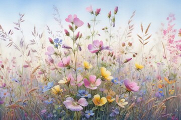 Zarte Wildblumenwiese mit rosa, gelben und blauen Blüten, sanfte Farben und natürlicher Hintergrund. Generative KI