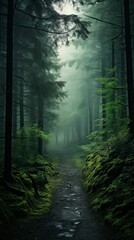 Fototapeta premium A misty forest path enveloped in fog wallpaper for mobile, 9:16 ratio. Generative ai
