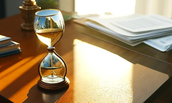 Hourglass on office desk with blurry background