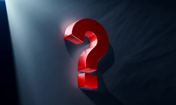 Red metal question mark with light highlights on dark background