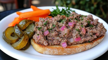 Un tazón de paté servido sobre una tostada con pepinillos y cebollas, acompañado de zanahorias frescas y hierbas.

