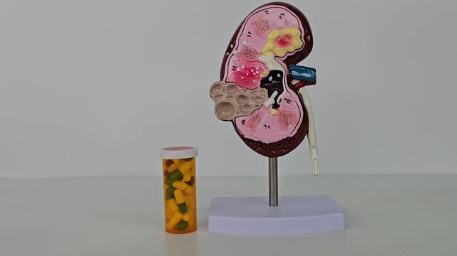 Kidney model and pills on white background. Medicines for kidney disease diuretics and antiseptics