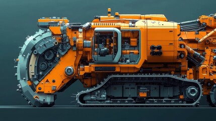 Fototapeta premium A cute 3D technical drawing of a harvester, showcasing the machine mechanical details with rounded edges and a bright, appealing color palette. The close-up view highlights the technical precision in