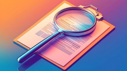 Magnifying glass on detailed document, research on papers and getting specific on details, pink and purple hues with little orange light