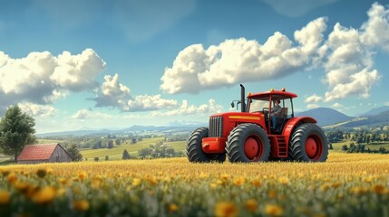 A 3D cute technical drawing featuring agricultural machinery like tractors, rendered with smooth, rounded shapes in high-definition detail. The scene highlights the technical aspects of farming