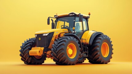 A 3D cute technical drawing of a tractor with attachments, such as plows and seeders, in a simplified, rounded style. The high-definition close-up highlights the machine engineering while keeping a