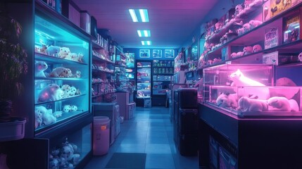 AI-generated pet store, with robotic animals and glowing habitats