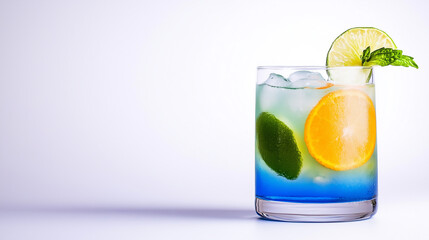Fototapeta premium A refreshing cocktail with a vibrant blue hue, garnished with orange and lime slices and mint leaves.