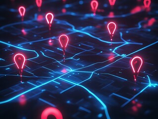 Digital blue map with red pointers and map markers for GPS locations, pathways and transportation on city locations