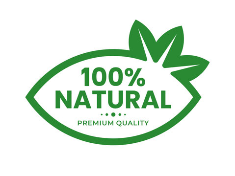 100% natural organic premium quality product vector label with abstract green leaf. Vector illustration. For product label, icon, logo, insigna, seal, tag, sign, seal, symbol, badge, stamp, sticker