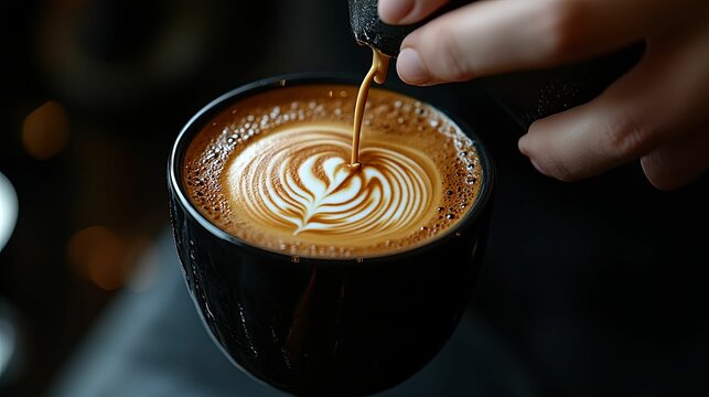 A Barista Pouring Milk into a Cup of Coffee with Latte Art - Powered by Adobe