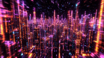 Obraz premium Enchanting Futuristic Cityscape with Glowing Pathways - Hyper Realistic 3D Render Illustration