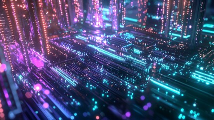 Futuristic City Skyline with Colorful Lights and Glowing Pathways - Hyper Realistic 3D Render