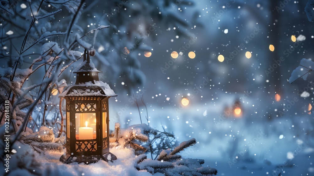 Wall mural vintage lantern glowing in a snowy landscape during a winter night.