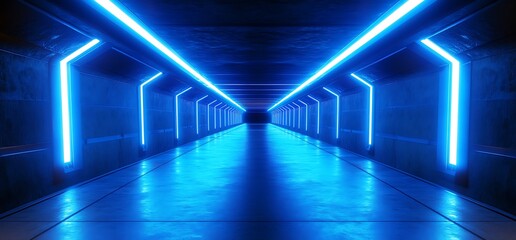 Fototapeta premium Futuristic corridor with glowing blue neon lights.