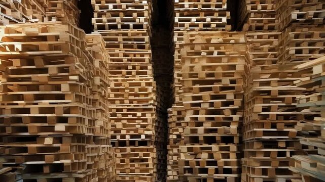 Stacks of new wooden pallets are filling the space of a warehouse, ready to be used for shipping and delivery to businesses