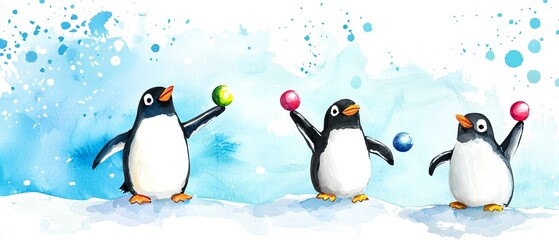 Fototapeta premium Cheerful penguins balancing colorful baubles, icy blue watercolor backdrop