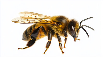 Honey Bee in Flight on White Background