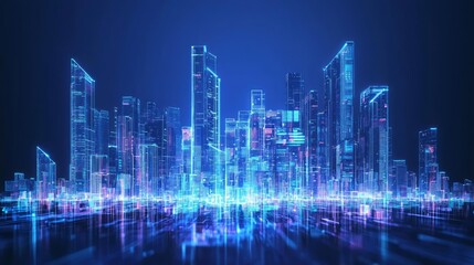 Futuristic Cityscape with Modern Architecture and Digital Elements Illuminated by Vibrant Colors Against Night Sky, 3D Rendering