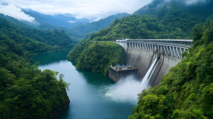 A large hydropower dam surrounded by lush nature generating renewable energy while preserving the environment