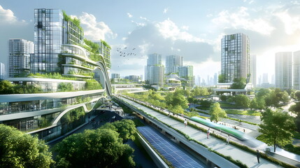 A business district operating under carbon-neutral principles using solar and wind energy to offset its carbon footprint