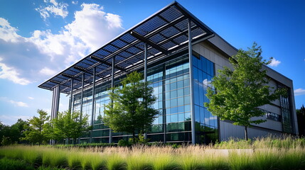 A modern building designed for energy efficiency utilizing solar panels and smart energy storage for reduced energy consumption