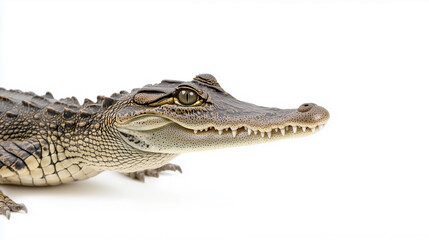 Fototapeta premium A close-up portrait of a young crocodile with piercing eyes and sharp teeth. 