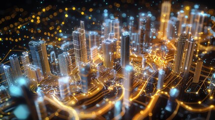 Obraz premium Futuristic Hyper-Detailed Cityscape with Illuminated Buildings and Colorful Light Trails