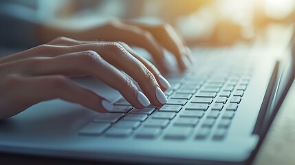A photograph of manicured hands typing on a minimalist white keyboard, natural ambient lighting creating a serene atmosphere, neutral tones, soft reflections on the keys, slight shadow play,